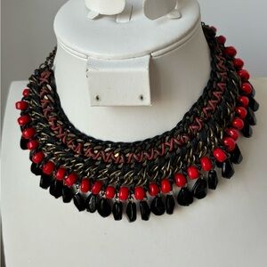 Tribal collar necklace/ red and black beads/ measures 15 in total length